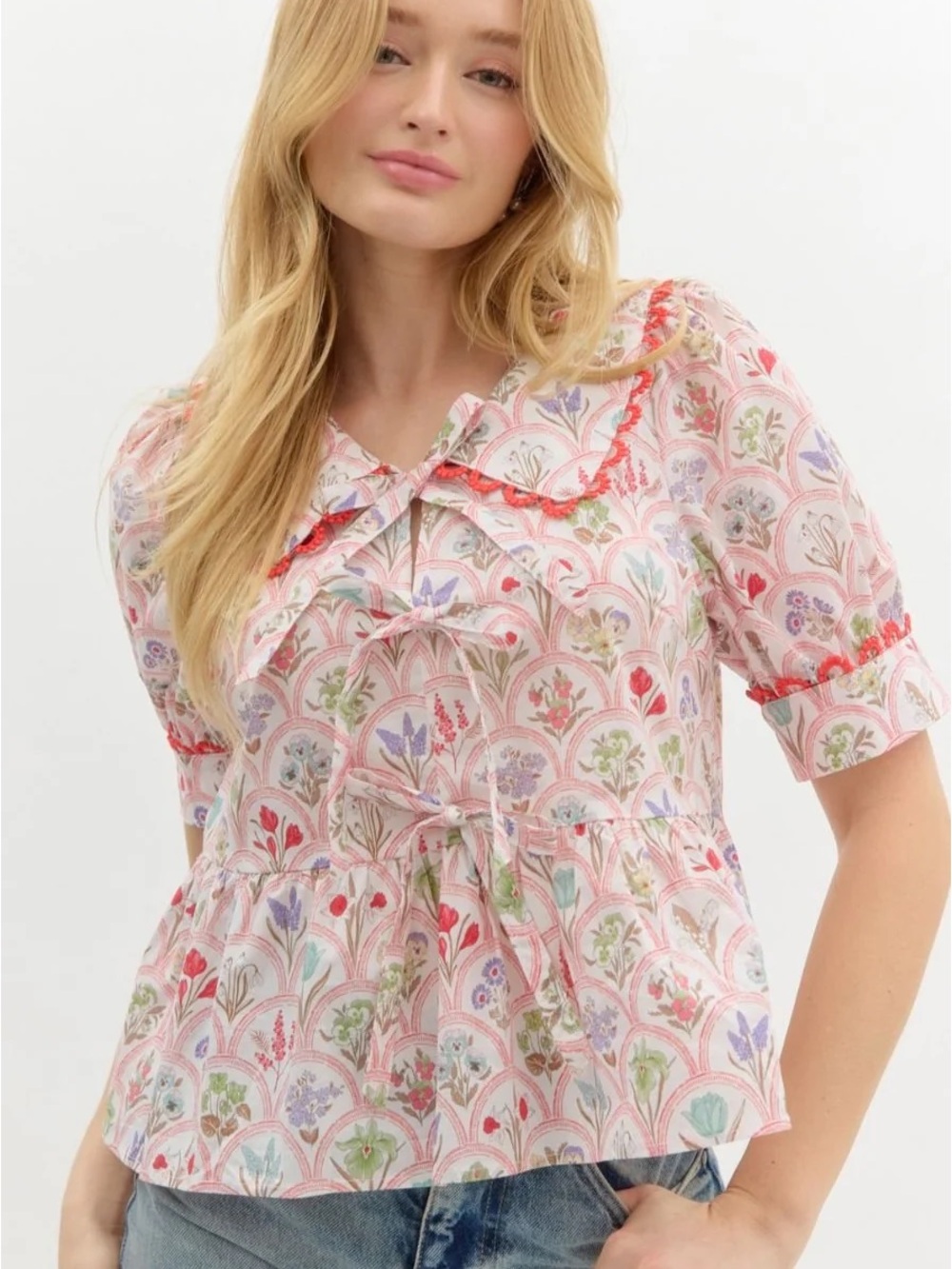 entro Floral Peplum Blouse with Red Trim